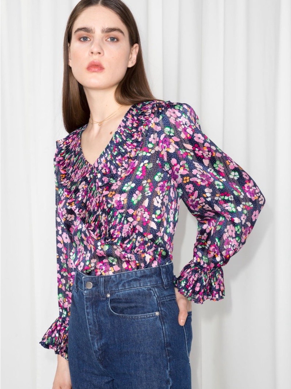 & Other Stories Navy Floral Ruffle V-Neck Blouse with Pink Accents